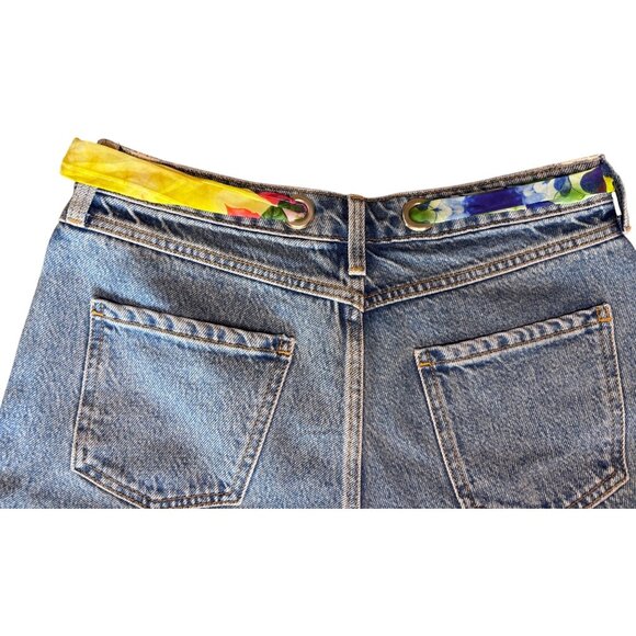 Sample One Of A Kind Embroidered Denim Shorts Grommet Scarf Belt 14” Waist New - Picture 10 of 10